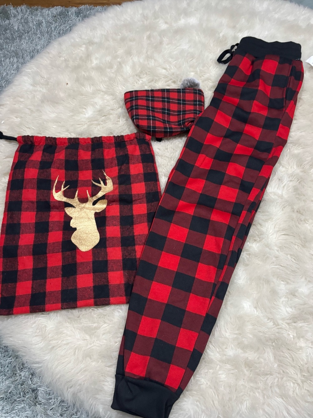 Red Buffalo Plaid Pajama Set with Gold Reindeer Accent